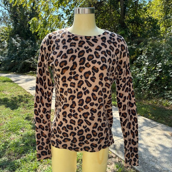 Cynthia Rowley Cashmere Sweater Medium Leopard Print Crewneck Long Sleeve Cozy - Picture 1 of 8